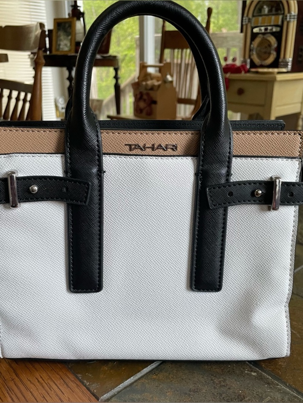 Tahari Black and White Leather-Trim Tote